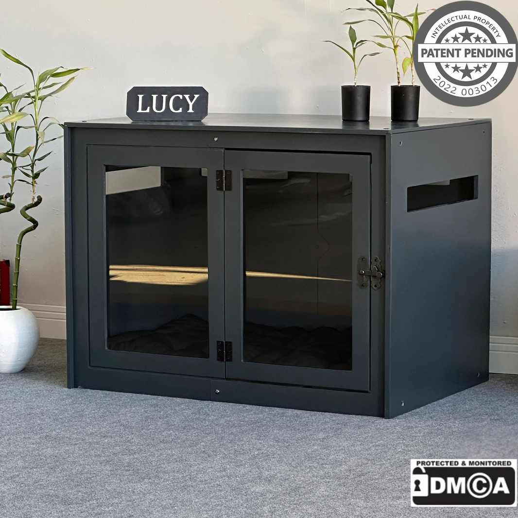 Hundehuette Belano Dunkelgrau aus Holz mit personalisiertem Namensschild und Kissen