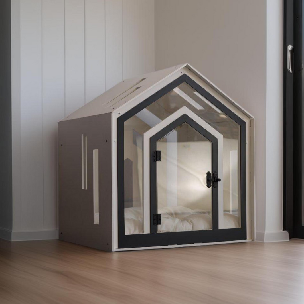 Hundehuette Calmo Weiss aus Holz mit Kissen und wasserfestem Boden fuer kleine und grosse Hunde