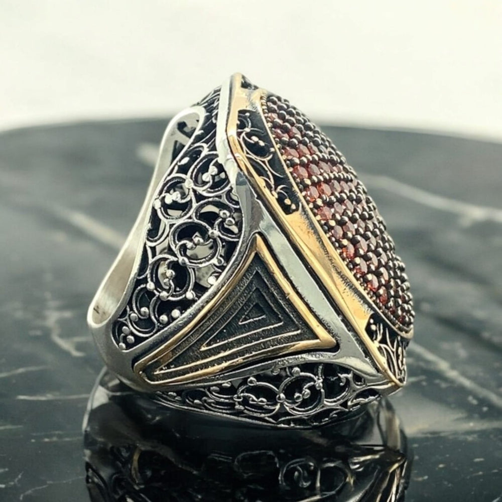 925er Silberring für Herren mit Granat-Mikrosteinen Herrenringn Großring 35g