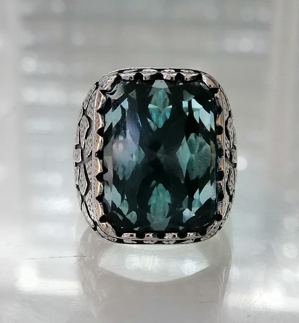 925er Silber Aquablauer Stein Herrenring Handgefertigt Damenring
