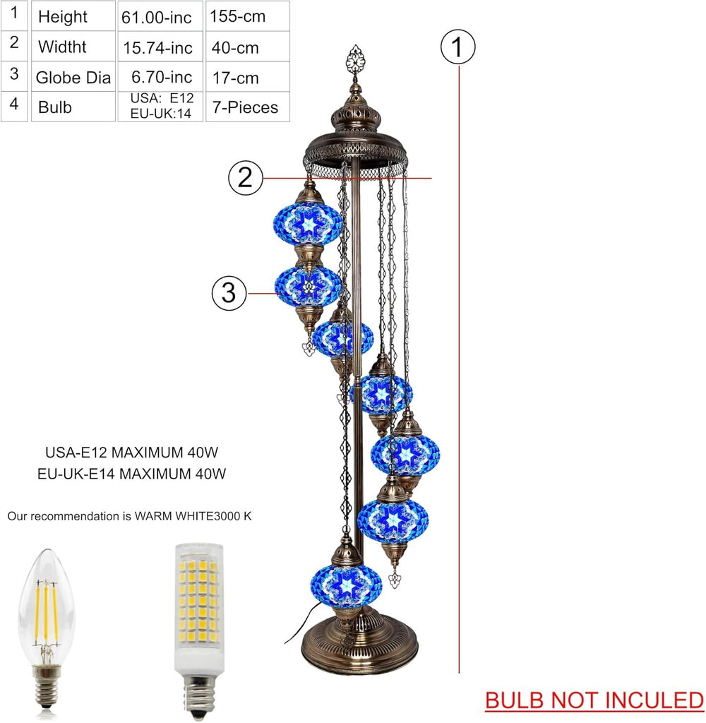 Große 7″ Bunte Türkische Mosaik Stehlampe | Boho Vintage Tiffany Stil Lampe