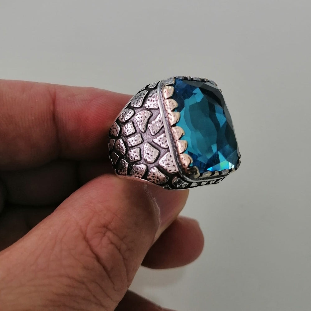 925er Silber Aquablauer Stein Herrenring Handgefertigt Damenring