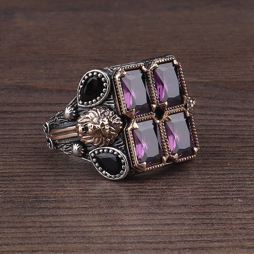 925er Amethyst mit vier Steinen und Löwenmotiv Herrenring Handgefertigt Damenrin