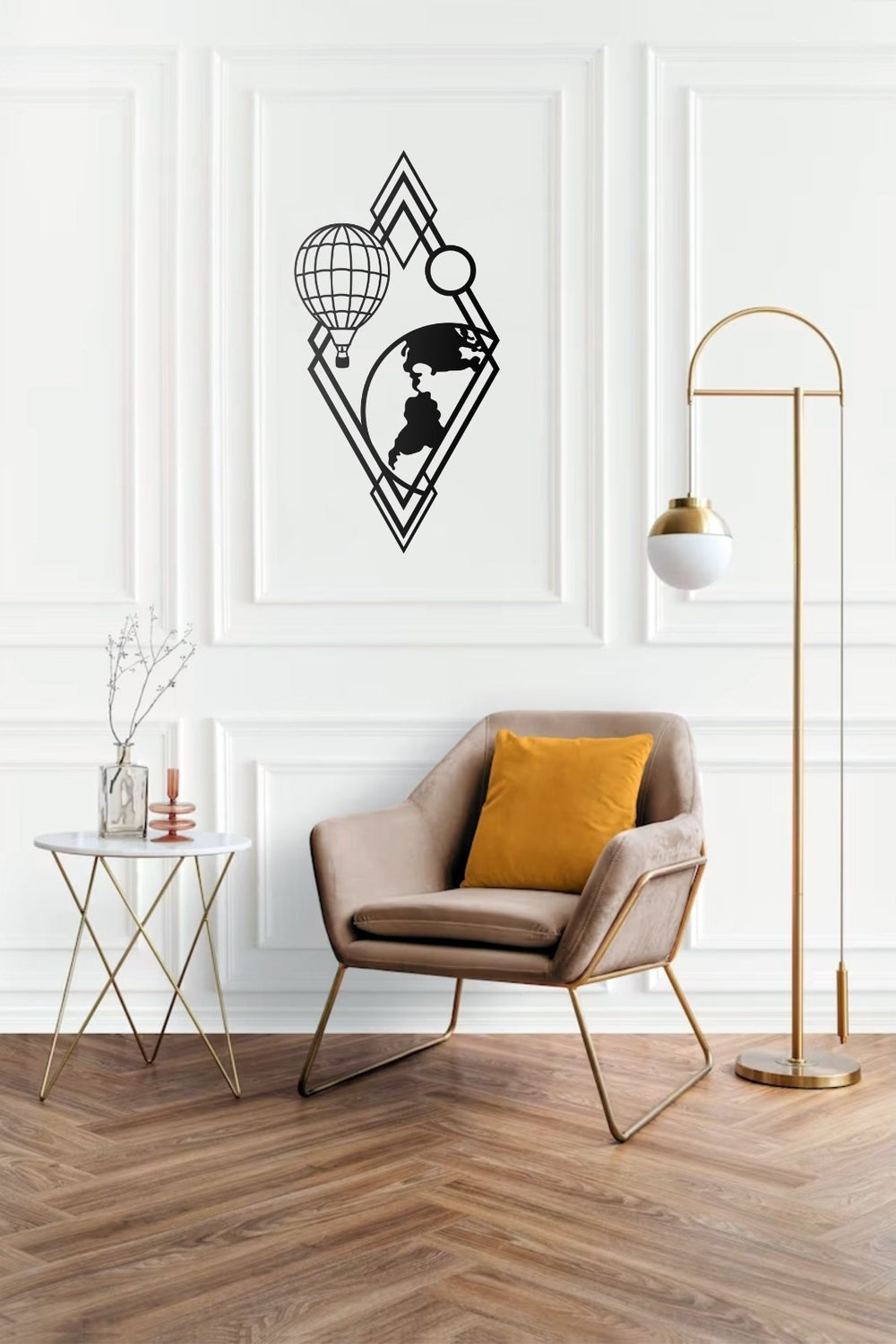 Weltkarte Wanddeko Metall mit Ballon & Geometrischem Design 30x66 50x100 cm
