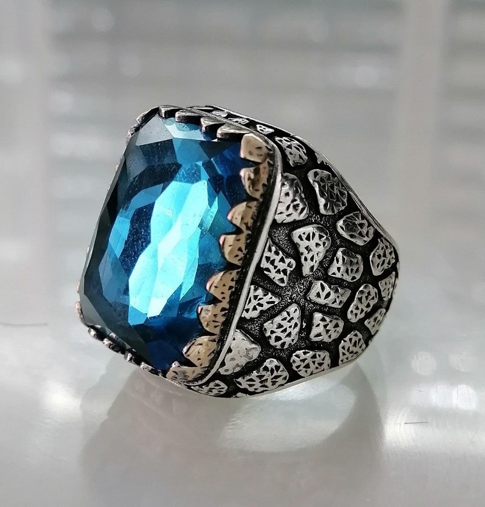 925er Silber Aquablauer Stein Herrenring Handgefertigt Damenring