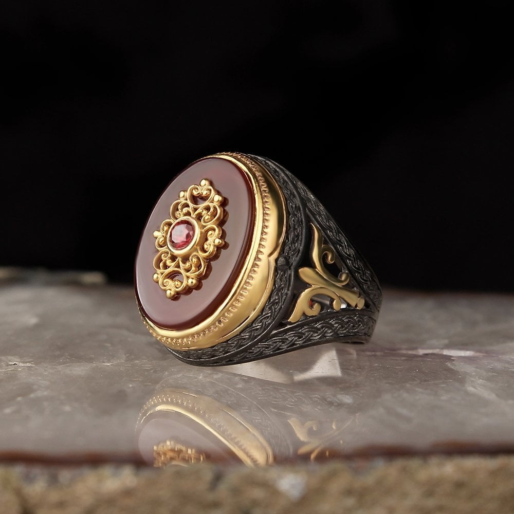 925er Sterlingsilber Achatstei Herrenring Handgefertigt Naturbernstein Damenring