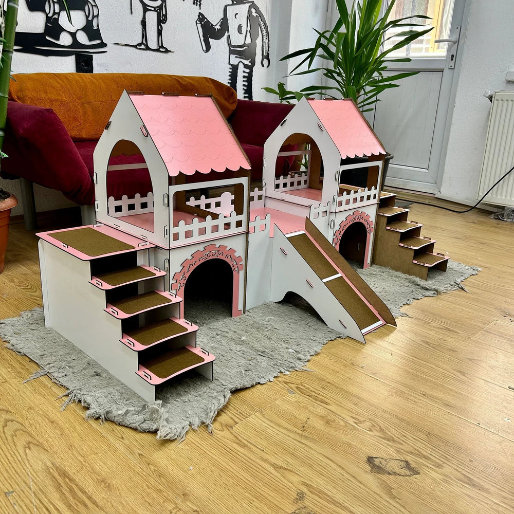 Meerschweinchen Schloss 2 Etagen | Holzhaus mit Rampe & Terrasse für 4 Tiere