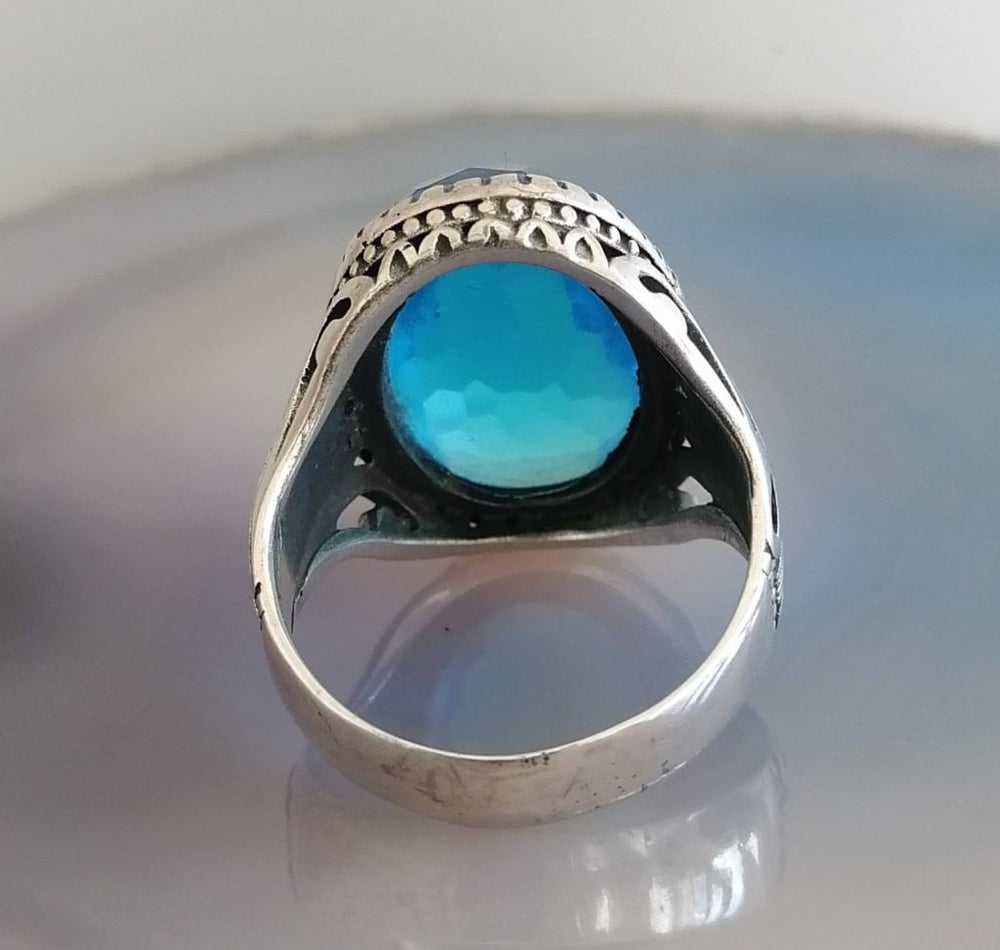 925er Silber Aquablauer Stein Herrenring Handgefertigt Damenring