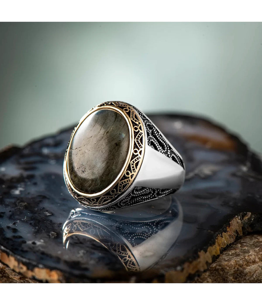 925er Silber-Labradorit-Herrenring Handgefertigter Naturbernstein-Damenring