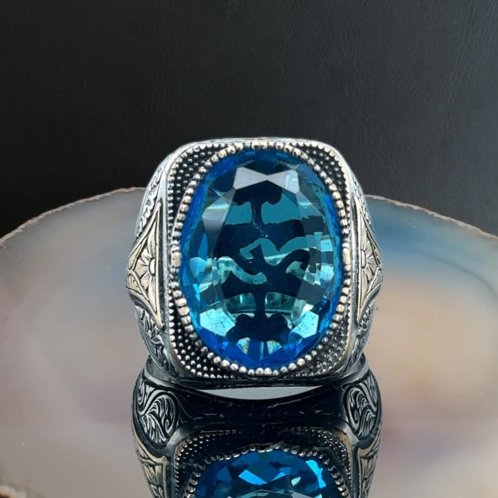 925er Silber Aquablauer Stein Herrenring Handgefertigt Damenring