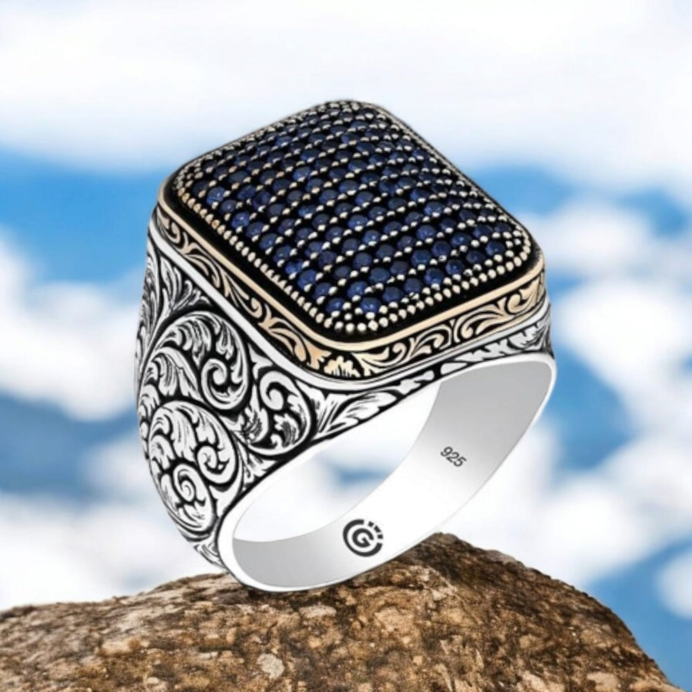 925er Silber, handgefertigt mit kleinen blauen Steinen, Ring für Männer und Frau