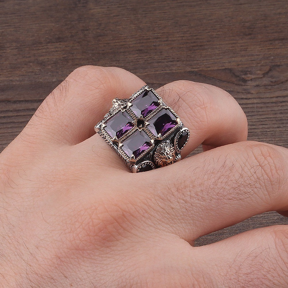 925er Amethyst mit vier Steinen und Löwenmotiv Herrenring Handgefertigt Damenrin