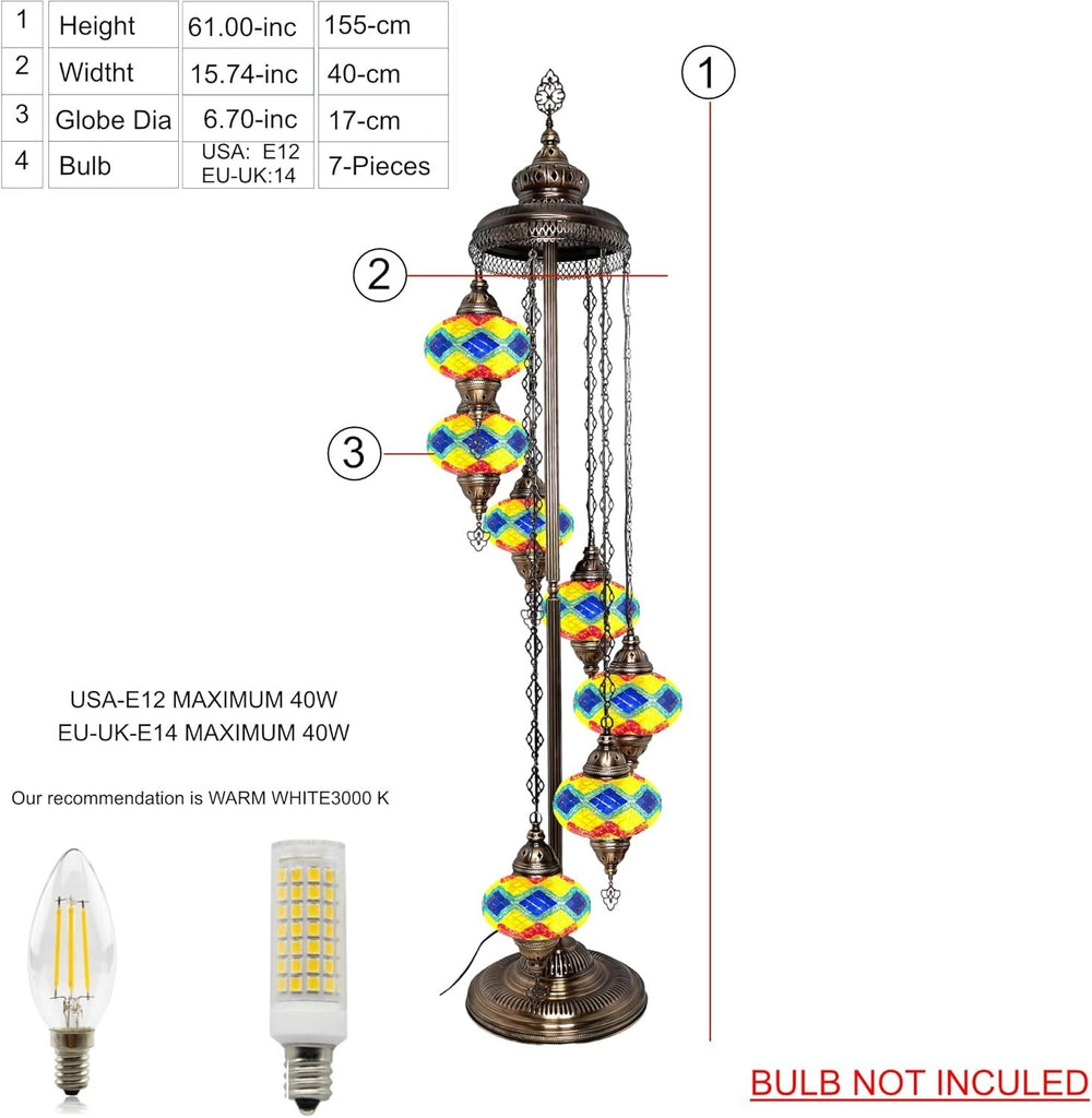 Große 7″ Bunte Türkische Mosaik Stehlampe | Boho Vintage Tiffany Stil Lampe