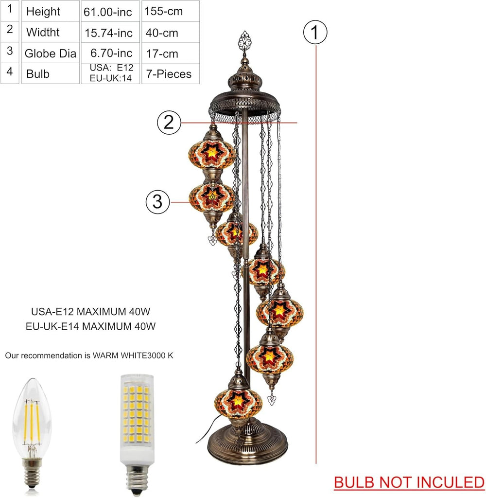 Große 7″ Bunte Türkische Mosaik Stehlampe | Boho Vintage Tiffany Stil Lampe