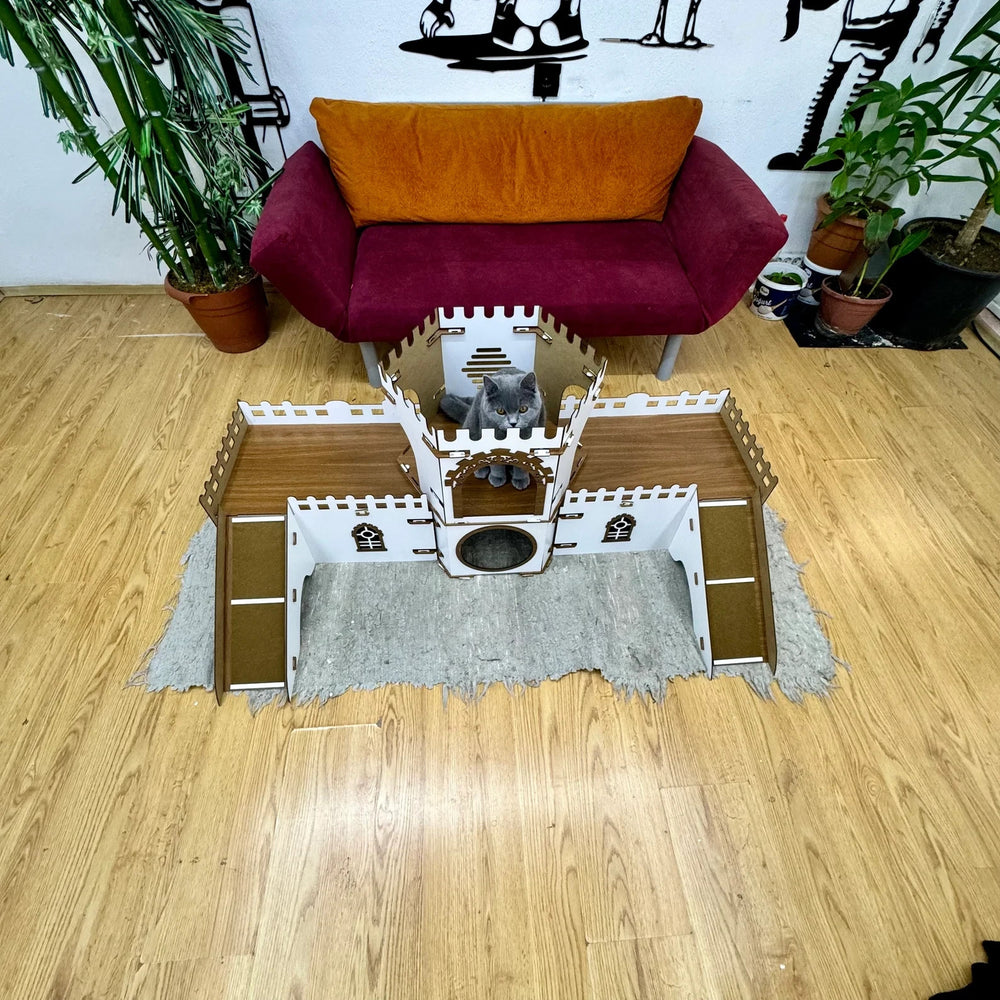 Katzenhaus handgefertigt – 2 Etagen, zerlegbar, MDF, Katzenburg Hexagon