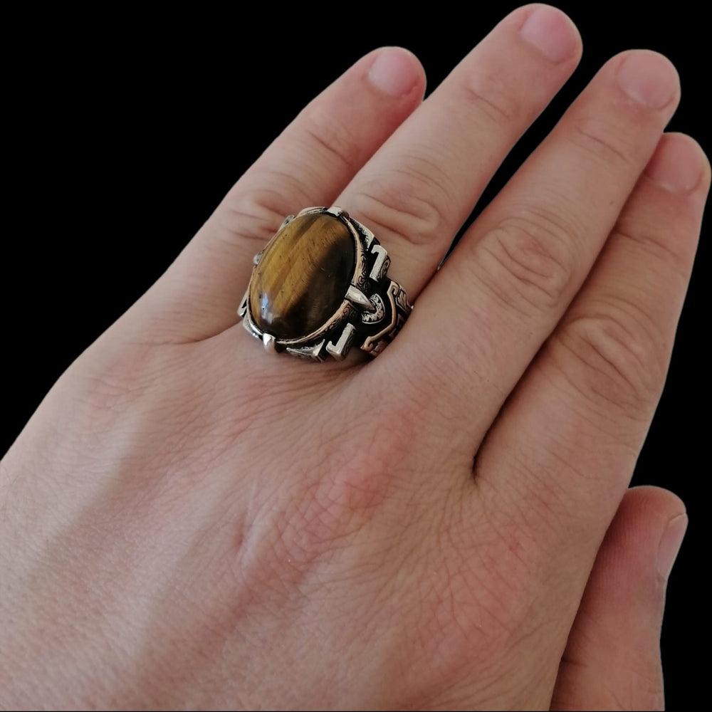 925er Silberring für Herren mit Tigerauge Handgefertigter Natursteinring für Dam