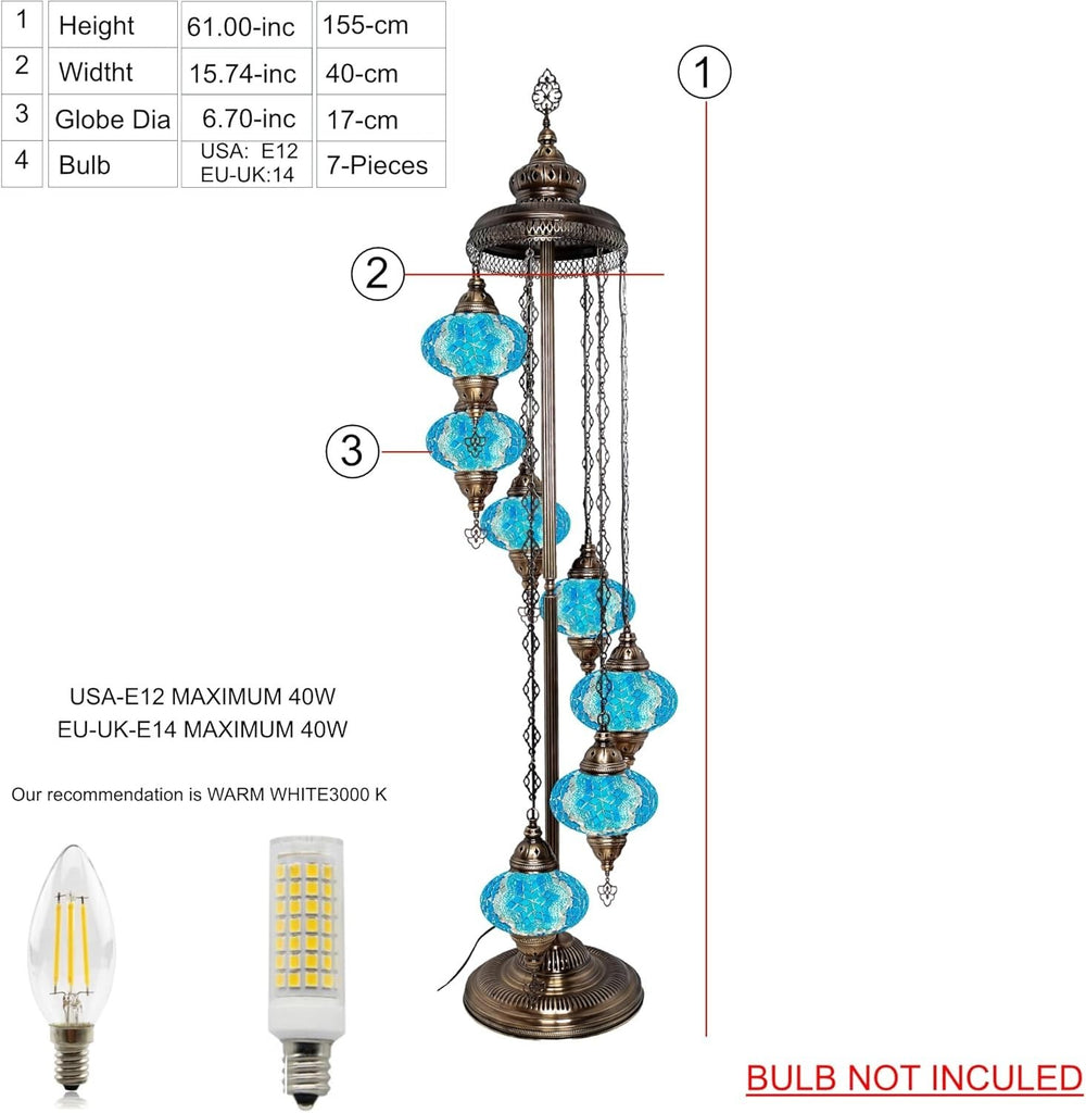 Große 7″ Bunte Türkische Mosaik Stehlampe | Boho Vintage Tiffany Stil Lampe