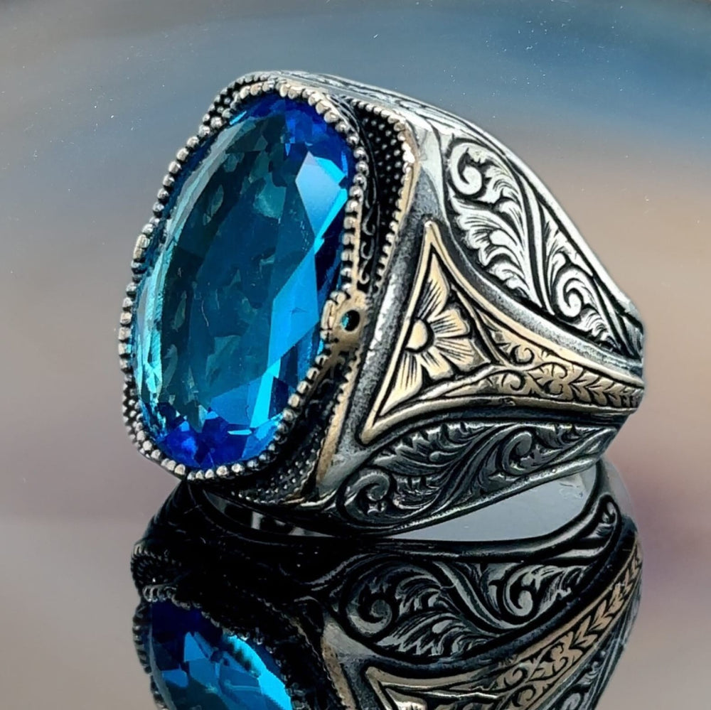 925er Silber Aquablauer Stein Herrenring Handgefertigt Damenring