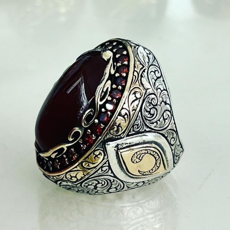 925er Sterlingsilber Achatstei Herrenring Handgefertigt Naturbernstein Damenring