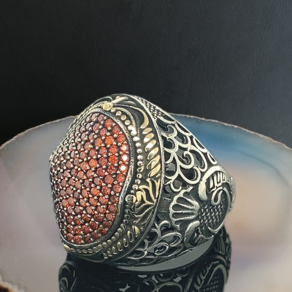 925er Sterlingsilber Granat Herrenring Handgefertigt Naturbernstein Damenring