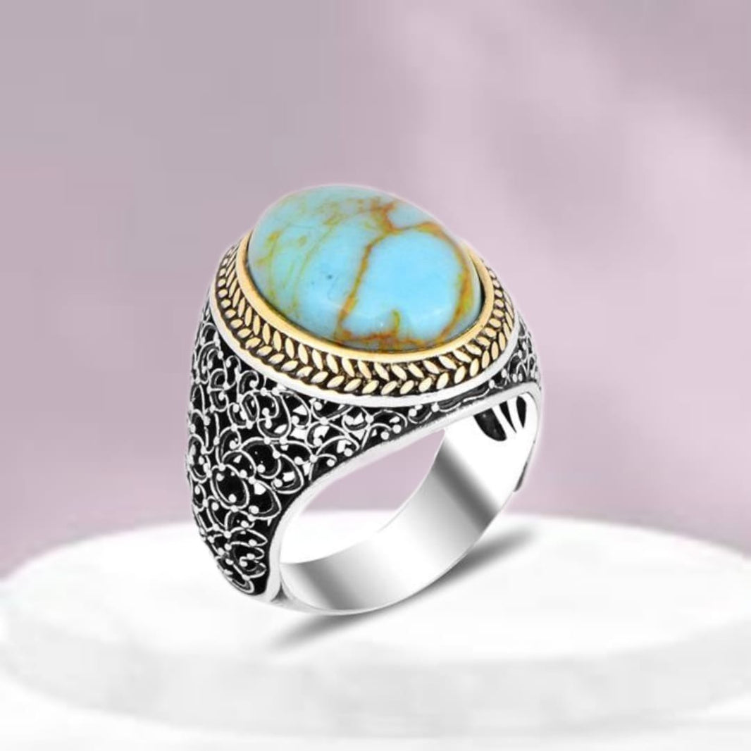 925er Sterlingsilber Turkis Herrenring Handgefertigt Naturbernstein Damenring