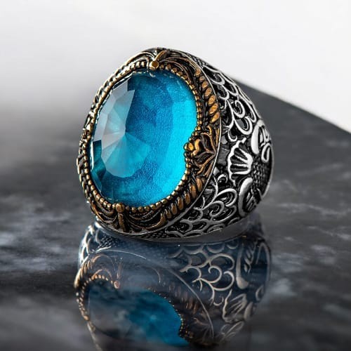 925er Silber Aquablauer Stein Herrenring Handgefertigt Damenring