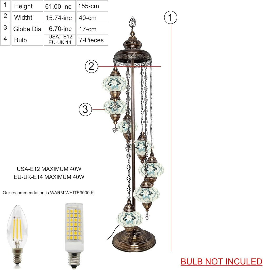 Große 7″ Bunte Türkische Mosaik Stehlampe | Boho Vintage Tiffany Stil Lampe