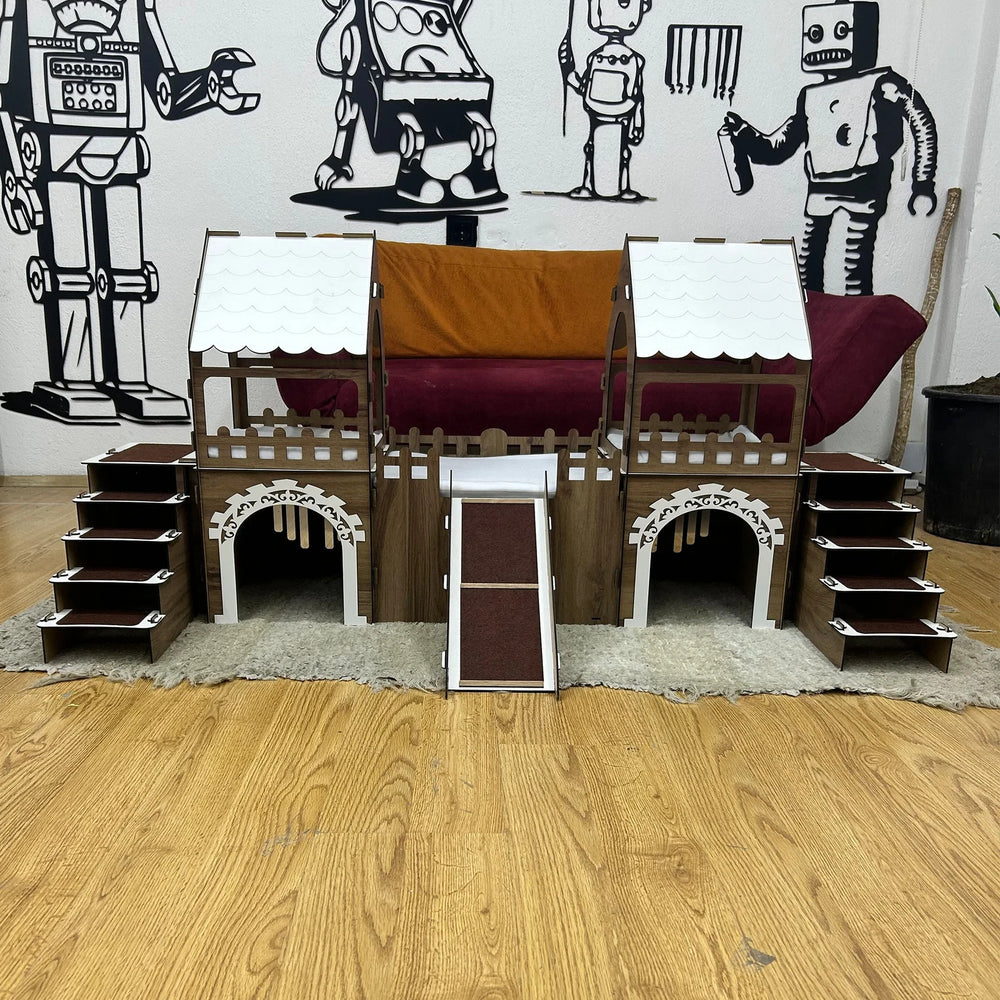 Meerschweinchen Schloss 2 Etagen | Holzhaus mit Rampe & Terrasse für 4 Tiere