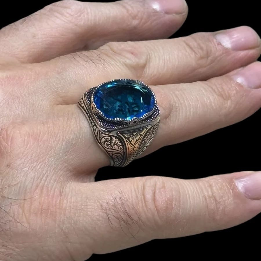 925er Silber Aquablauer Stein Herrenring Handgefertigt Damenring