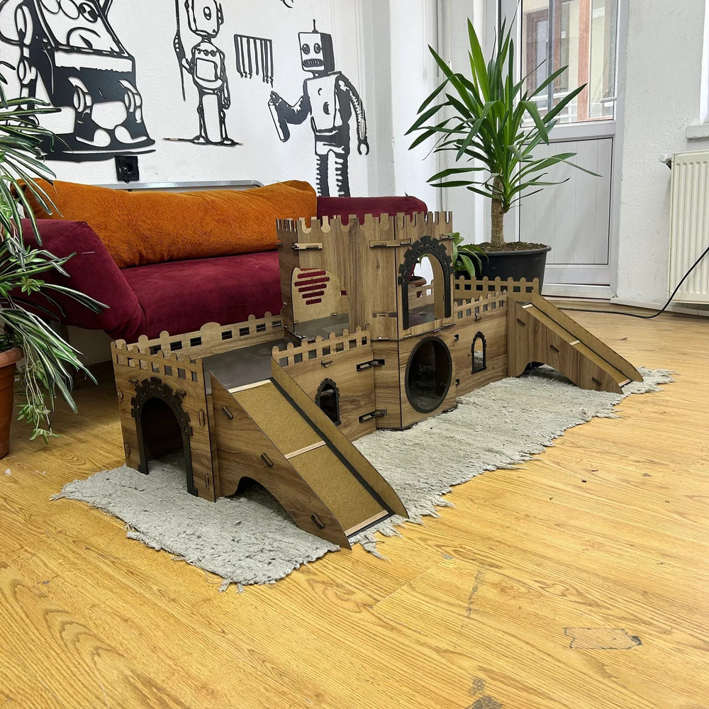 Katzenhaus handgefertigt – 2 Etagen, zerlegbar, MDF, Katzenburg Hexagon