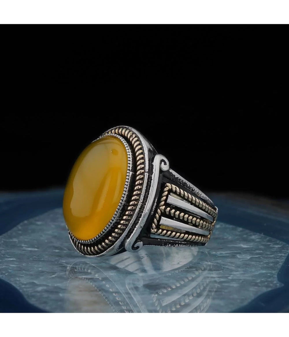925er Silber mit gelber Achatstein handgefertigte Ringe für Frauen und Männer