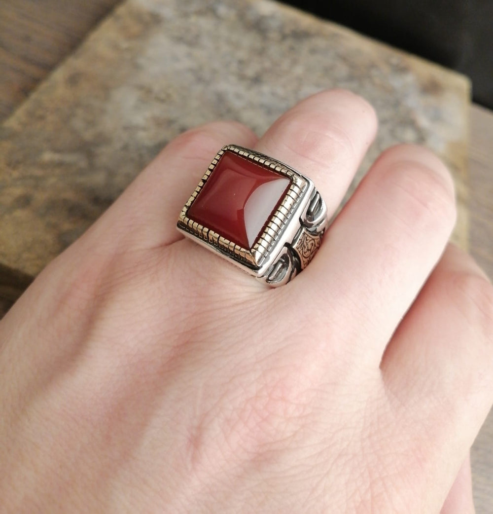 925er Sterlingsilber Herrenring Handgefertigt Naturbernstein Spirituelle Design