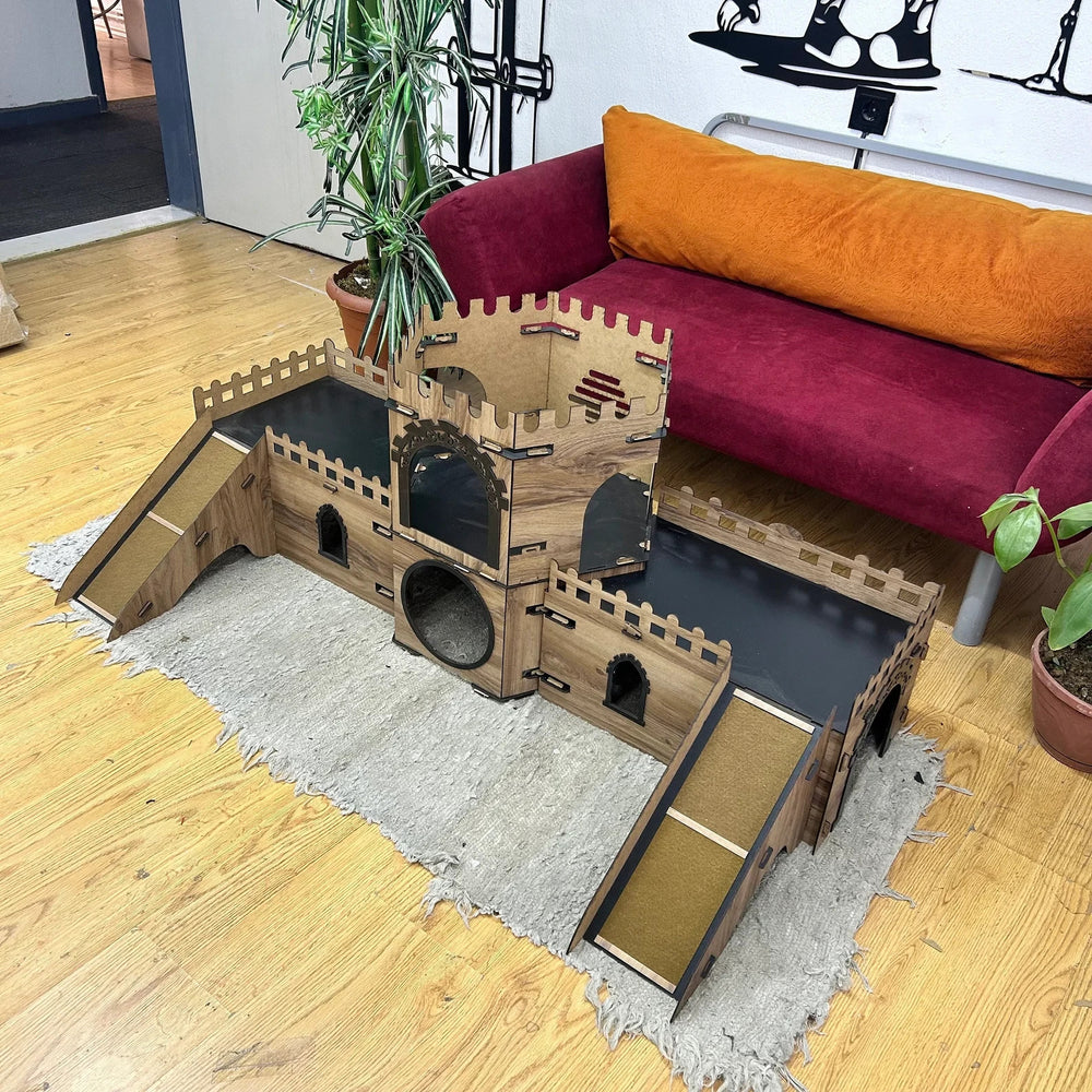 Katzenhaus handgefertigt – 2 Etagen, zerlegbar, MDF, Katzenburg Hexagon