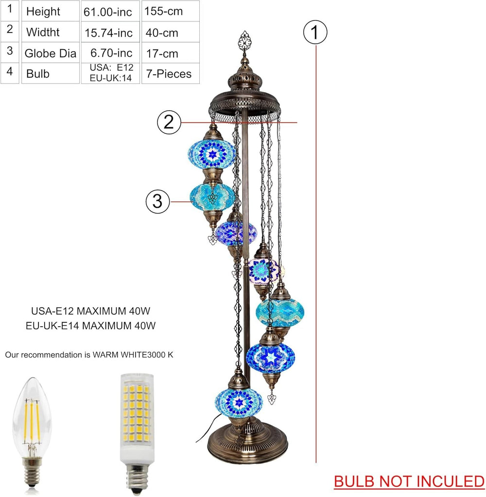 Große 7″ Bunte Türkische Mosaik Stehlampe | Boho Vintage Tiffany Stil Lampe