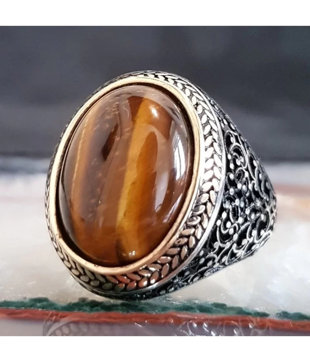 925er Silber mit Tigerauge-Stein handgefertigte Ringe für Frauen und Männer