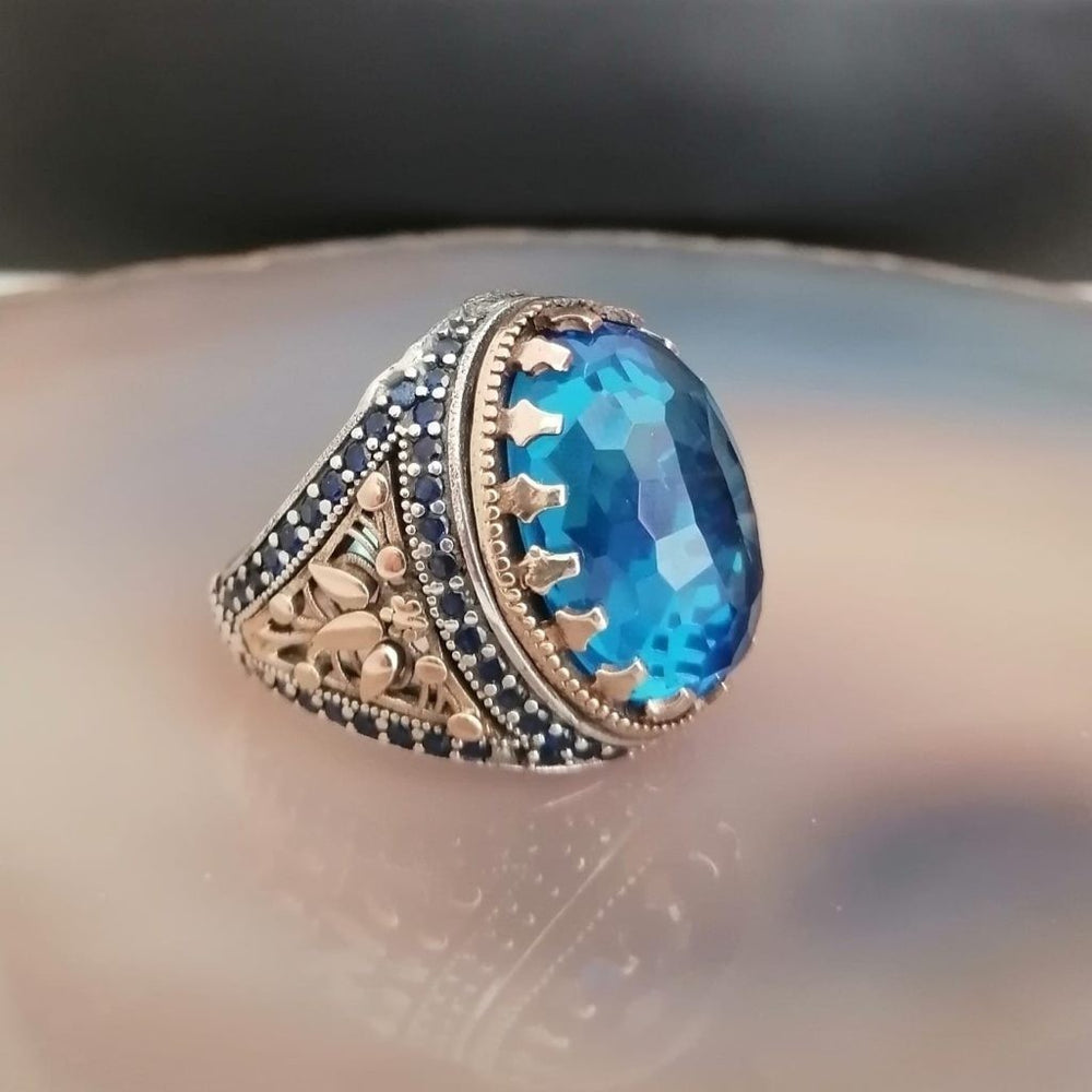 925er Silber Aquablauer Stein Herrenring Handgefertigt Damenring