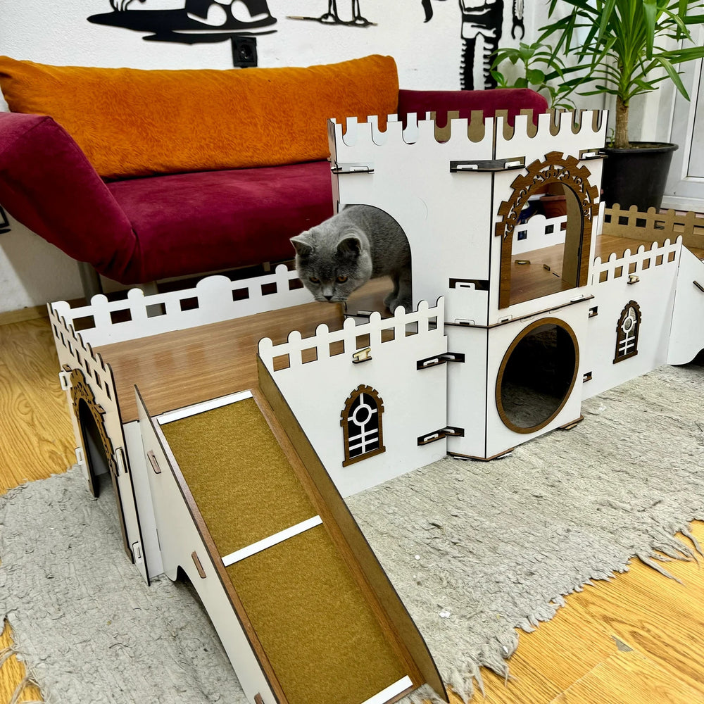 Katzenhaus handgefertigt – 2 Etagen, zerlegbar, MDF, Katzenburg Hexagon