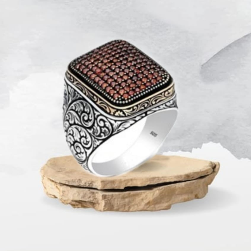 925er Sterlingsilber Granat Herrenring Handgefertigt Naturbernstein Damenring