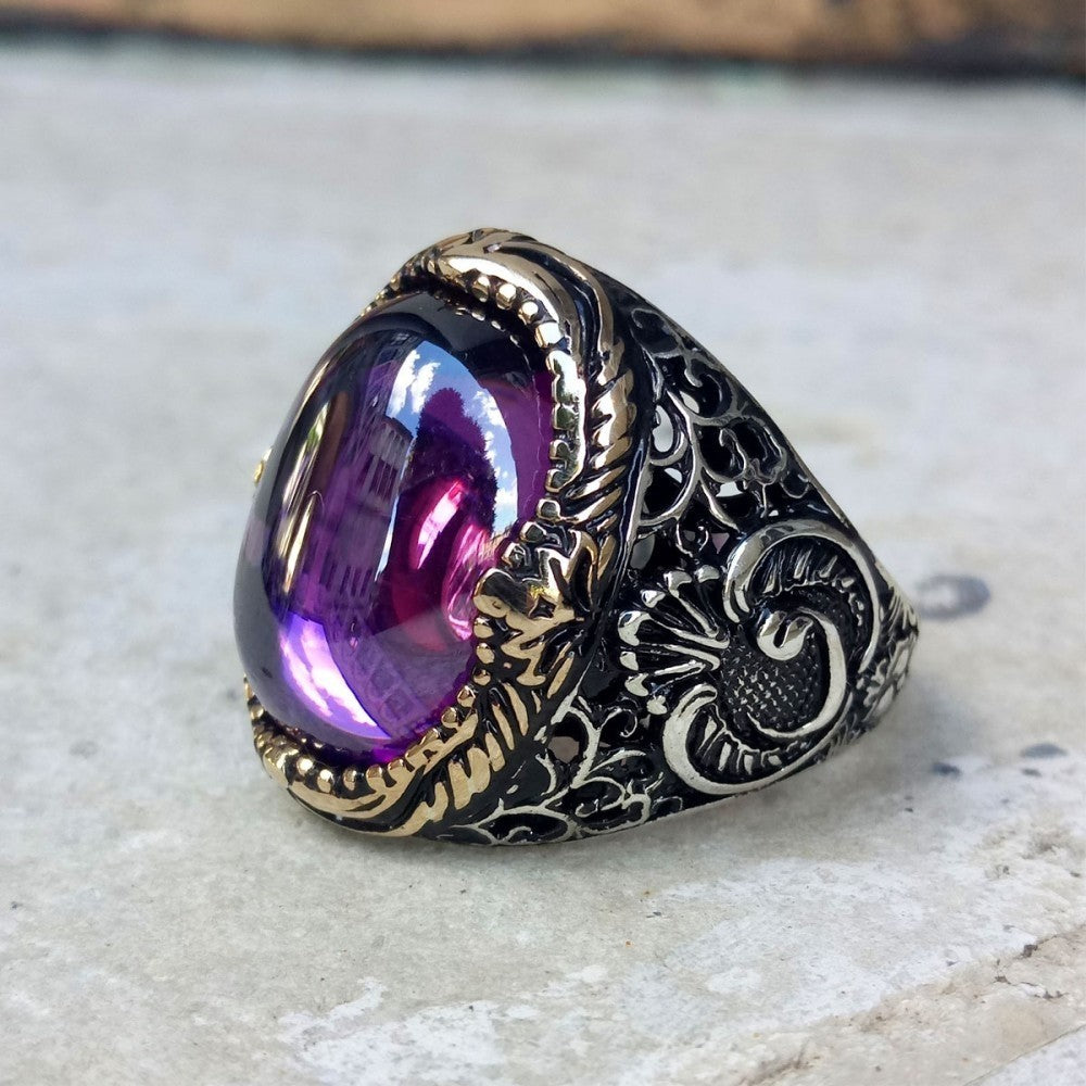925er Silber Amethyststein Herrenring Handgefertigt Damenring