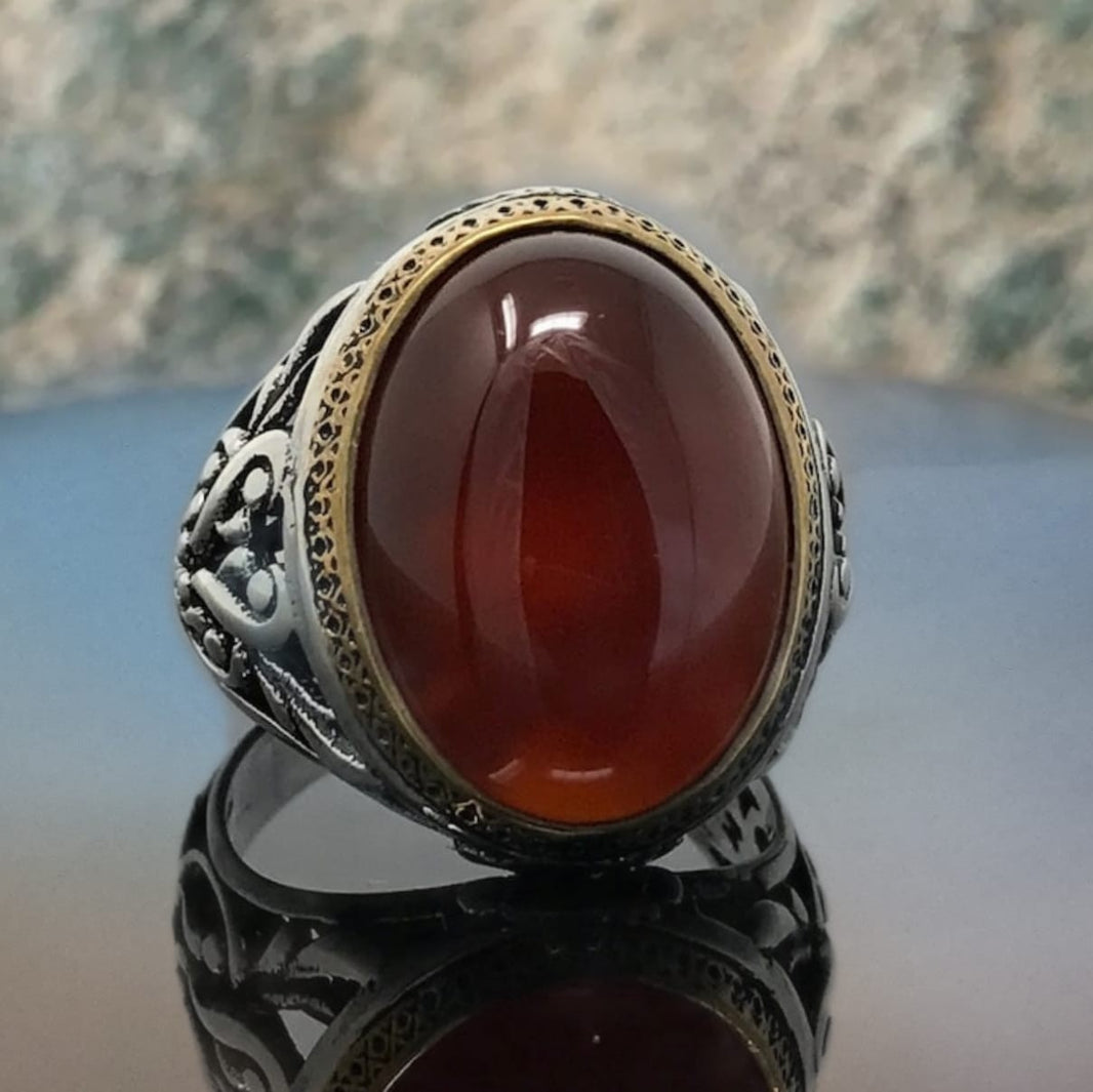 925er Sterlingsilber Achatstei Herrenring Handgefertigt Naturbernstein Damenring