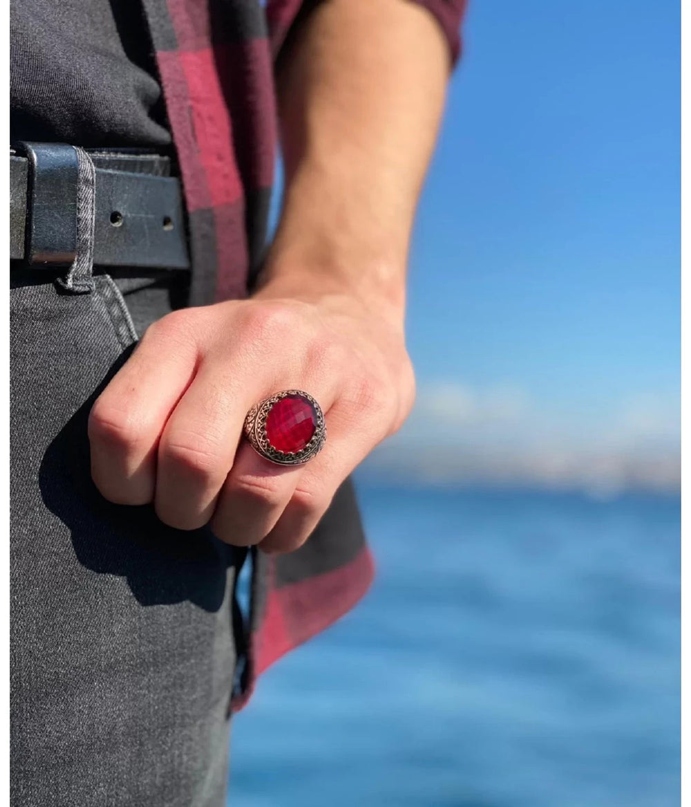 925er Silber mit roten Zirkoniasteinen handgefertigte Ringe für Frauen und Männe