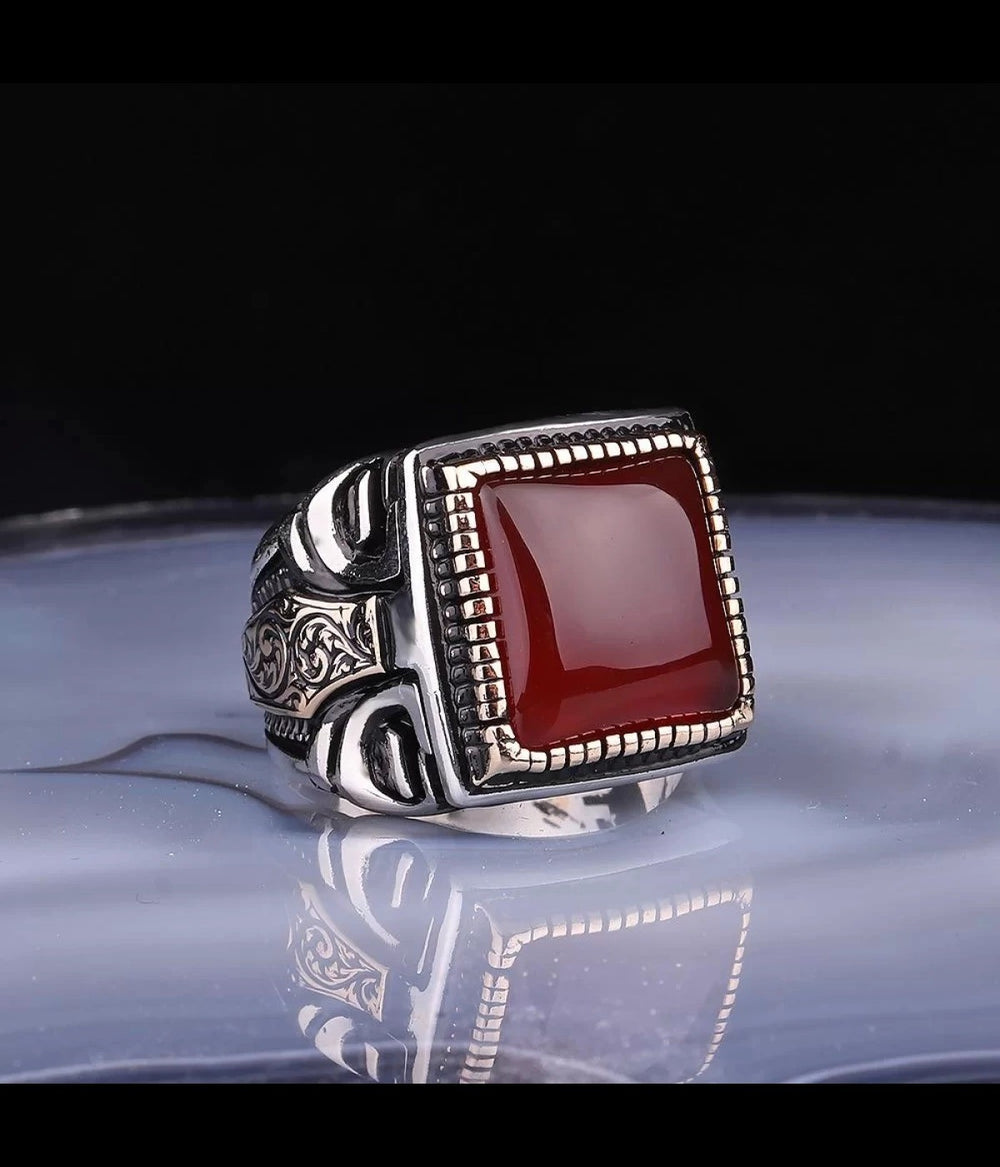 925er Sterlingsilber Herrenring Handgefertigt Naturbernstein Spirituelle Design