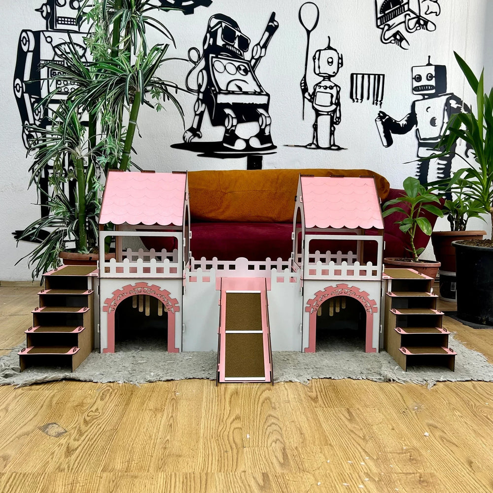 Meerschweinchen Schloss 2 Etagen | Holzhaus mit Rampe & Terrasse für 4 Tiere