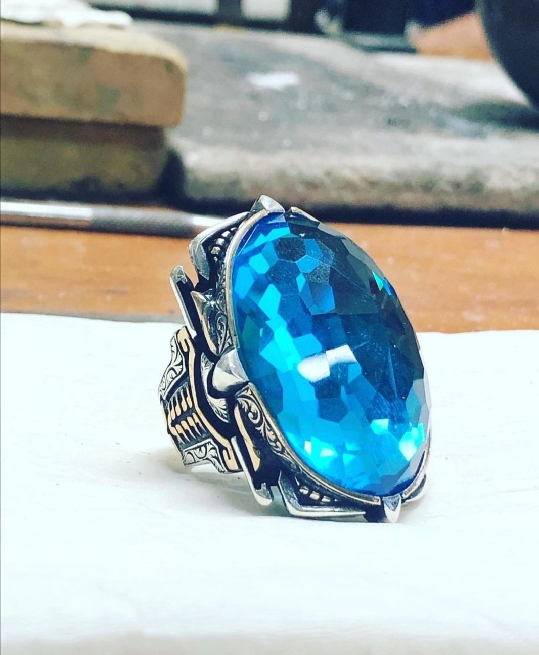 925er Silber Aquablauer Stein Herrenring Handgefertigt Damenring