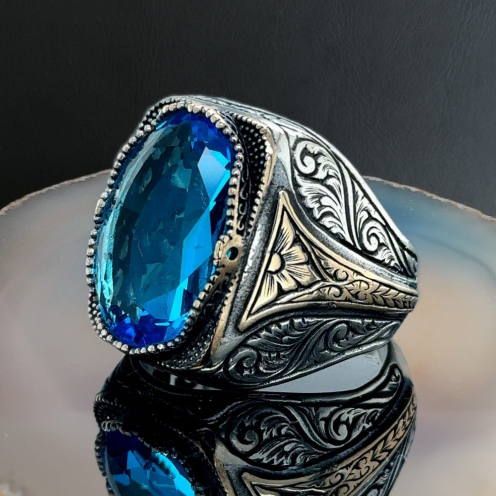 925er Silber Aquablauer Stein Herrenring Handgefertigt Damenring
