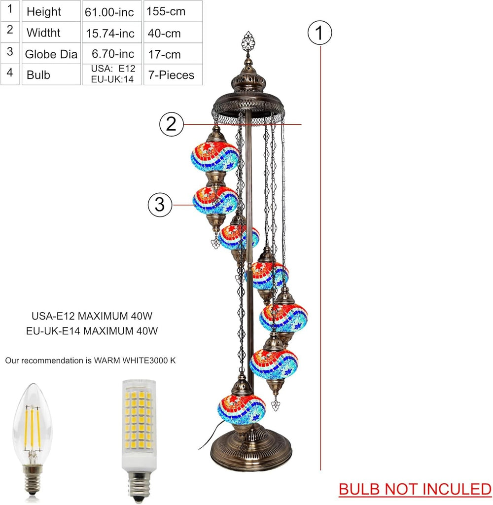 Große 7″ Bunte Türkische Mosaik Stehlampe | Boho Vintage Tiffany Stil Lampe