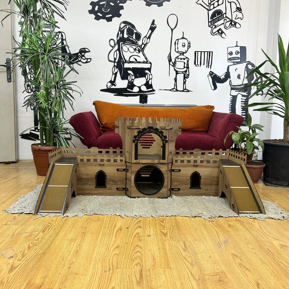 Katzenhaus handgefertigt – 2 Etagen, zerlegbar, MDF, Katzenburg Hexagon