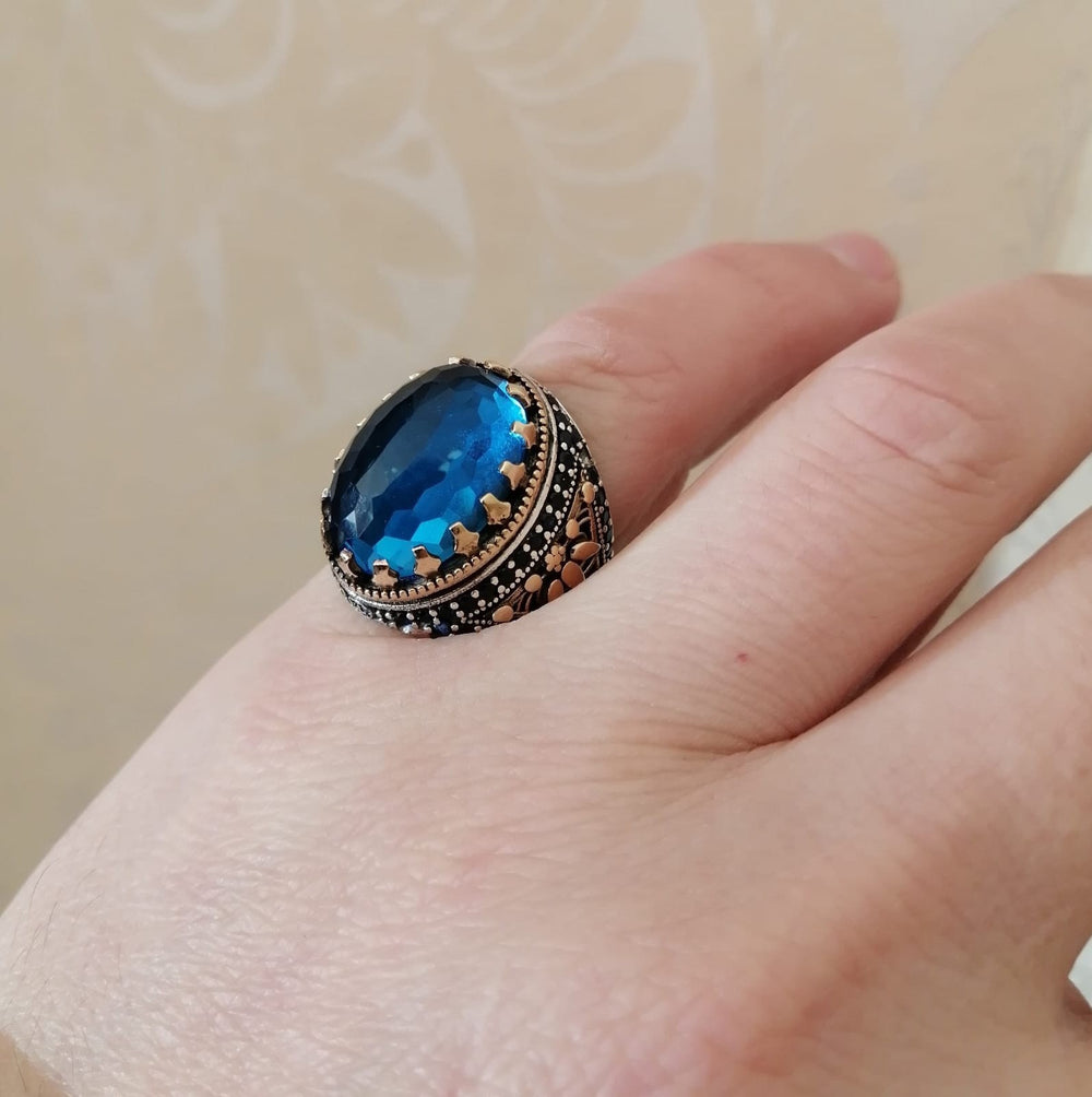 925er Silber Aquablauer Stein Herrenring Handgefertigt Damenring