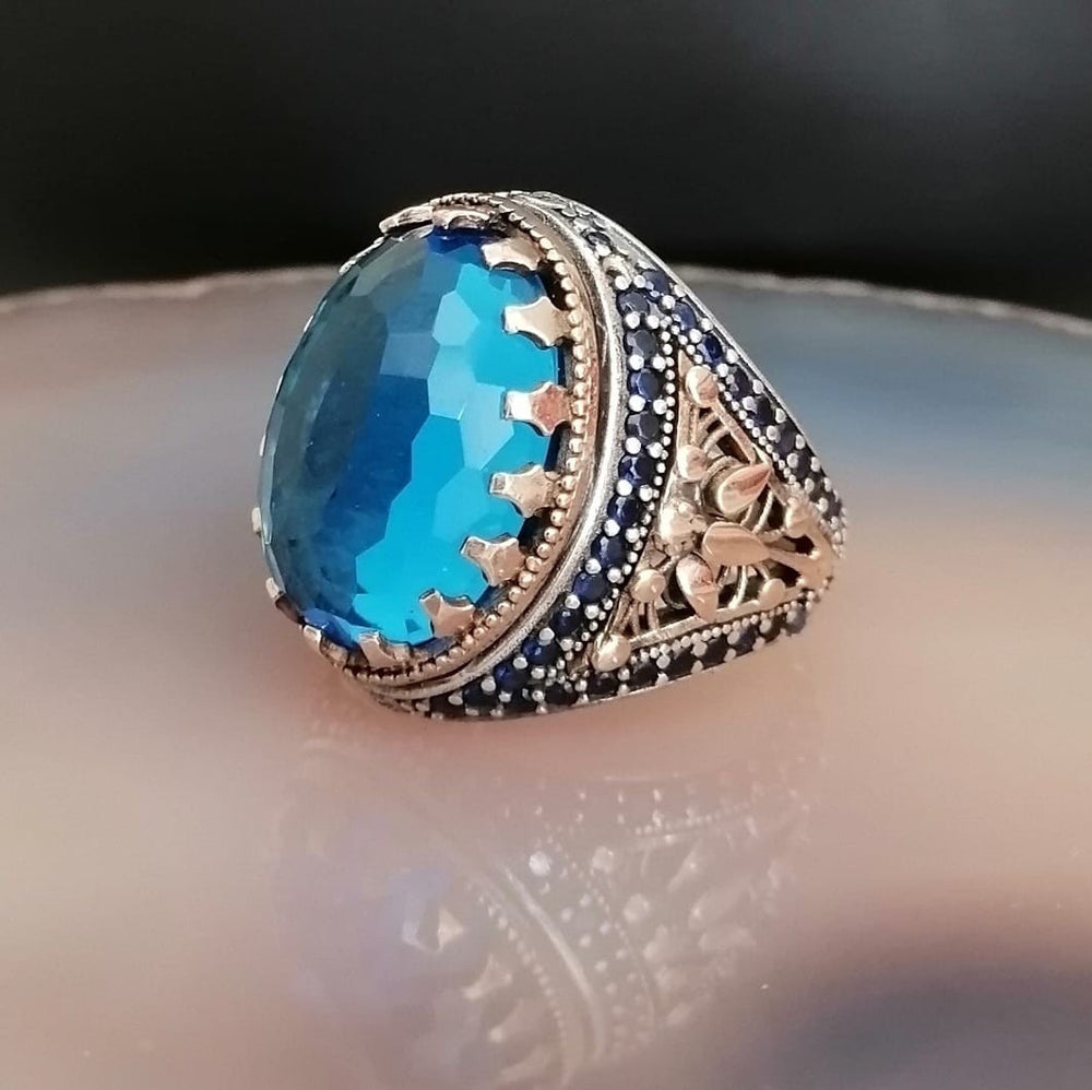925er Silber Aquablauer Stein Herrenring Handgefertigt Damenring