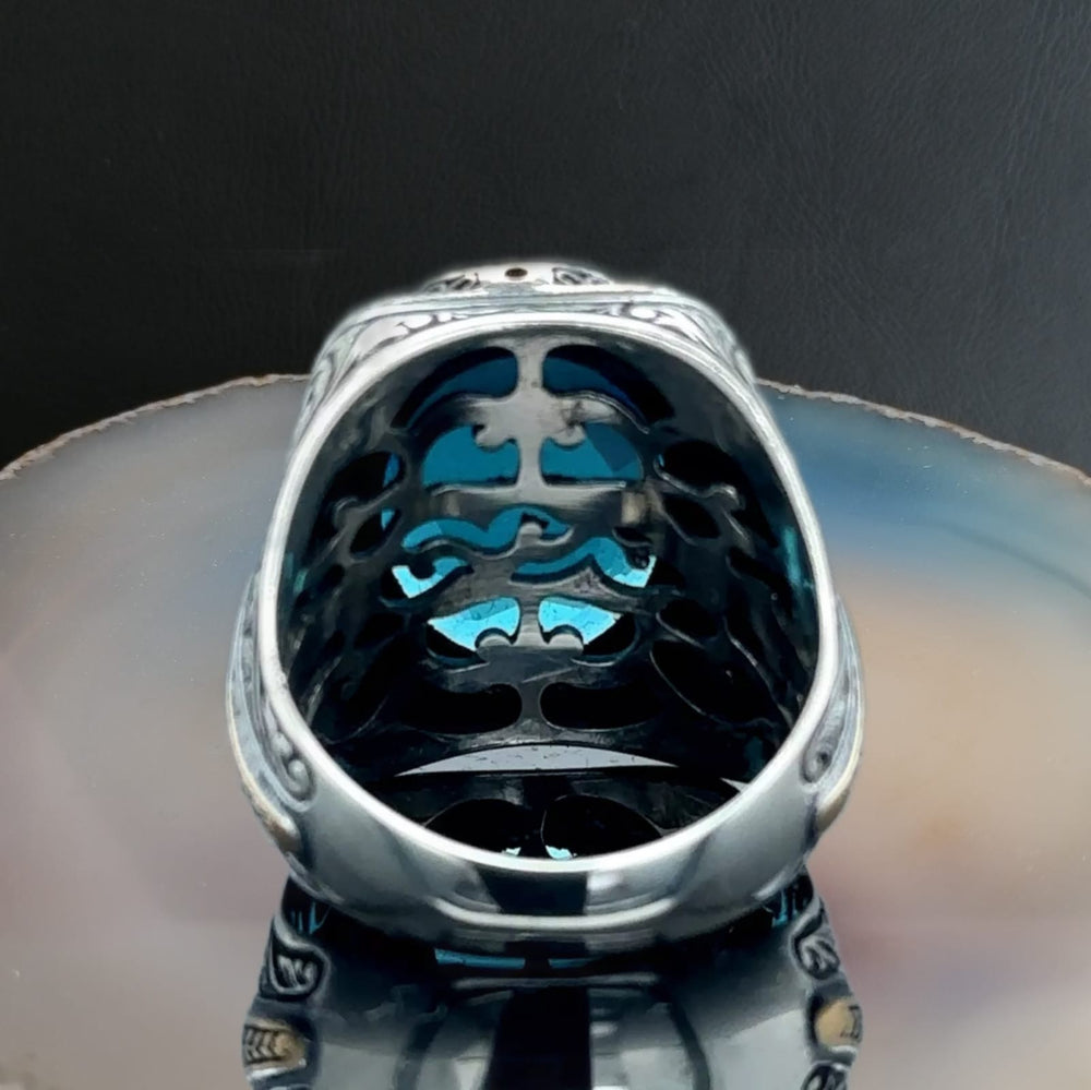 925er Silber Aquablauer Stein Herrenring Handgefertigt Damenring